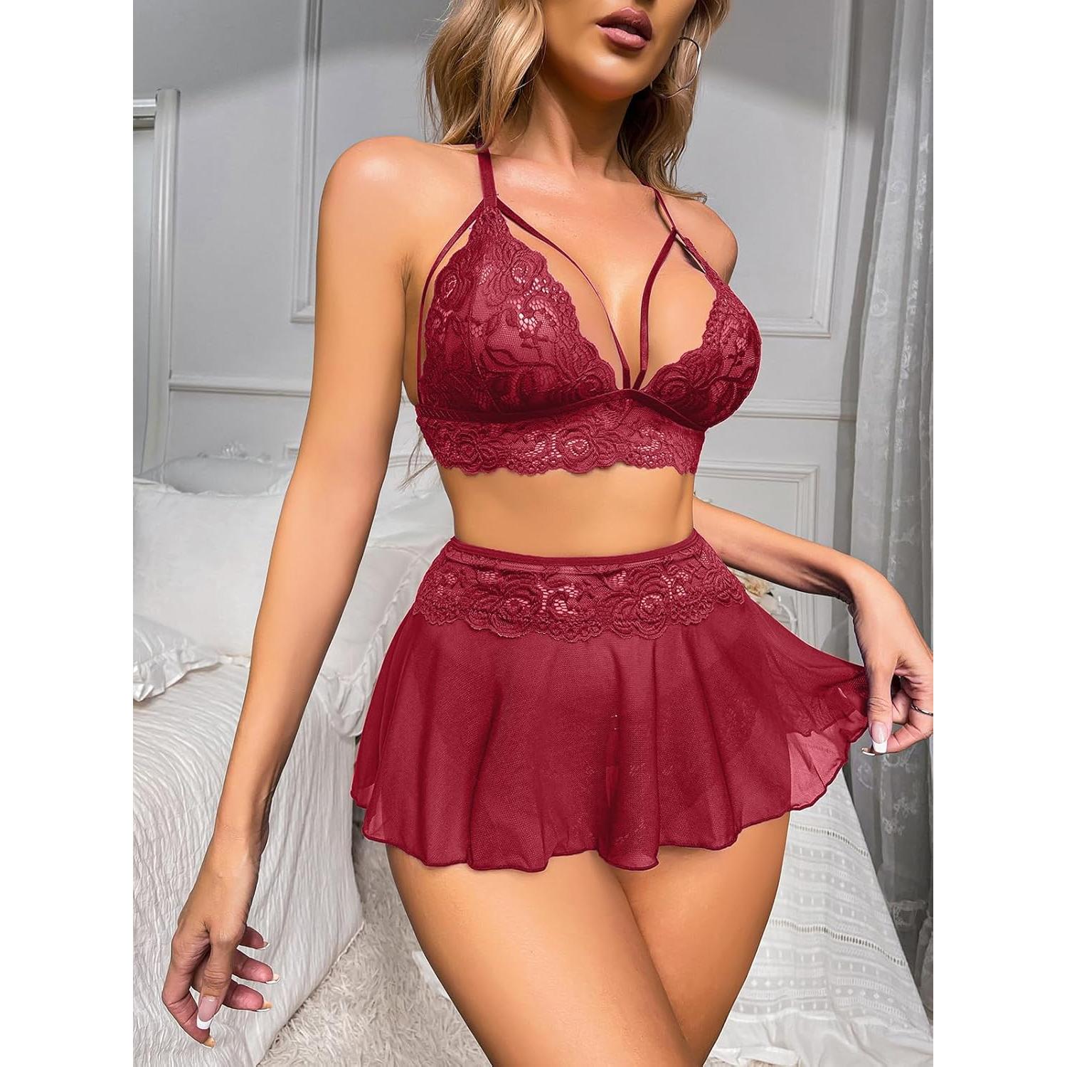 Conjunto de Lencería Sexy GIEAUAU 3 Piezas Rojo Vino