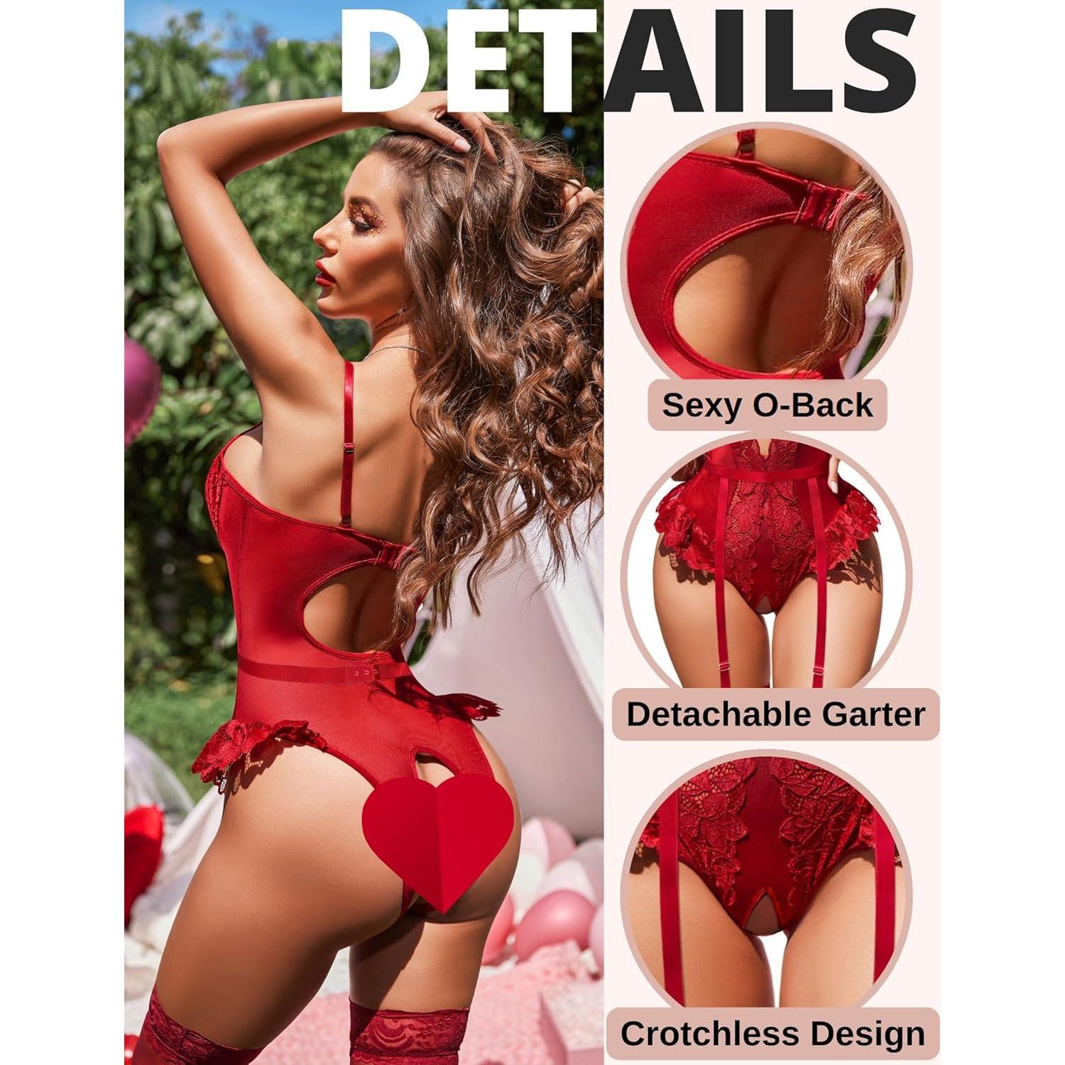 Body de Lencería Avidlove Burdeos con Ligueros y Encaje