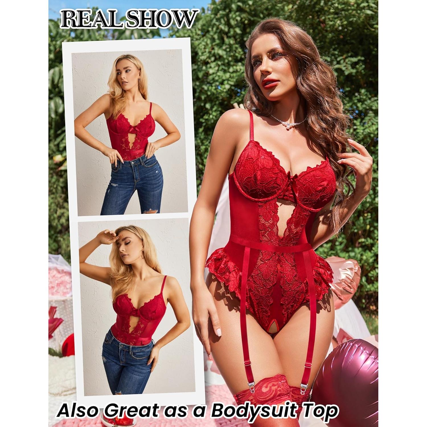 Body de Lencería Avidlove Burdeos con Ligueros y Encaje