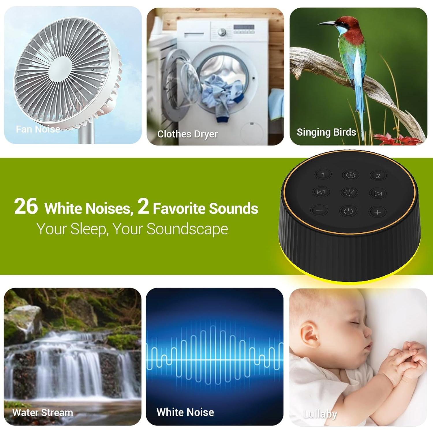 Máquina de Sonido Blanco BGOVERSS con 26 Sonidos y Luz Nocturna