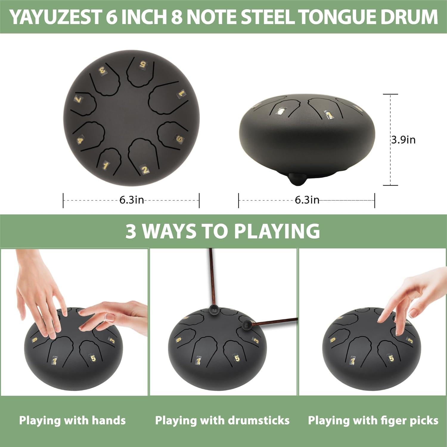 Tambor de Lluvia Eavnbaek 6" 8 Notas Acero Negro con Accesorios