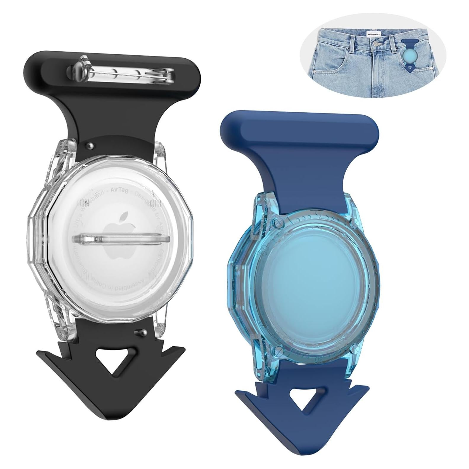 2 Pack Waterproof Airtag Holder for Kids Hidden with Pin, Airtag Holder Case Rugged Full Body Anti-Scratch Airtag Tracker Case for Children, Elderly, Backpack, Clothes (Black & Blue)