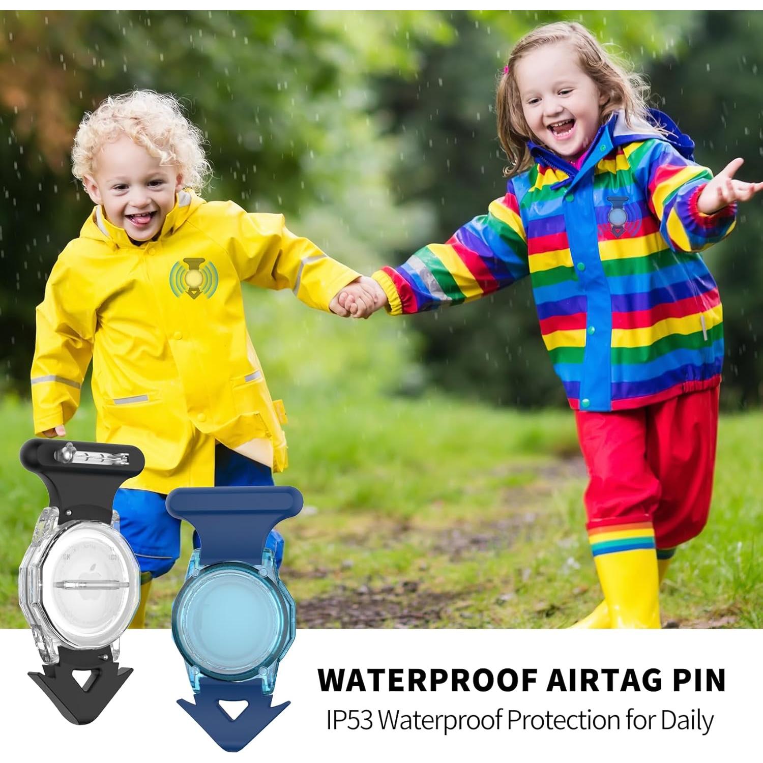 2 Pack Waterproof Airtag Holder for Kids Hidden with Pin, Airtag Holder Case Rugged Full Body Anti-Scratch Airtag Tracker Case for Children, Elderly, Backpack, Clothes (Black & Blue)