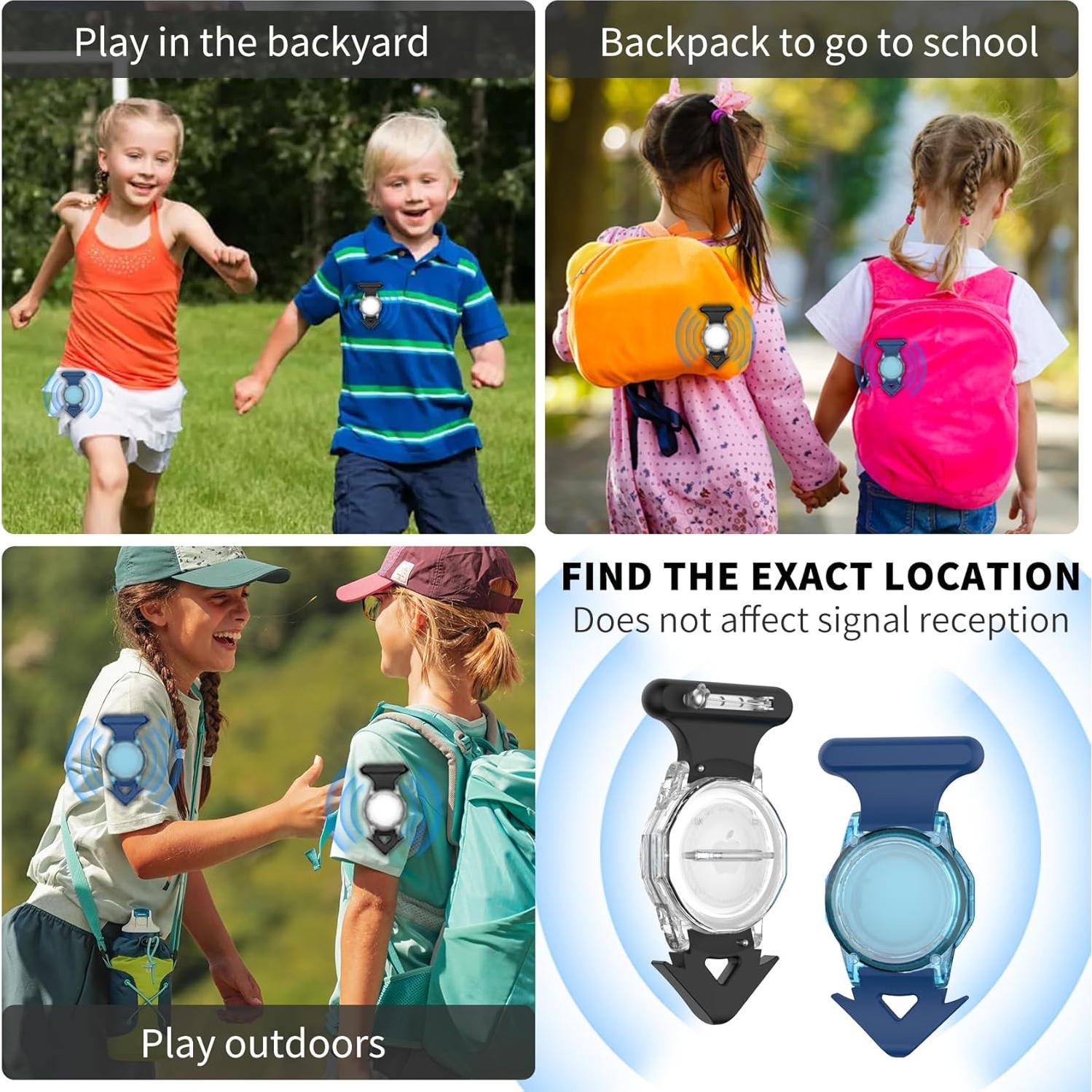 2 Pack Waterproof Airtag Holder for Kids Hidden with Pin, Airtag Holder Case Rugged Full Body Anti-Scratch Airtag Tracker Case for Children, Elderly, Backpack, Clothes (Black & Blue)