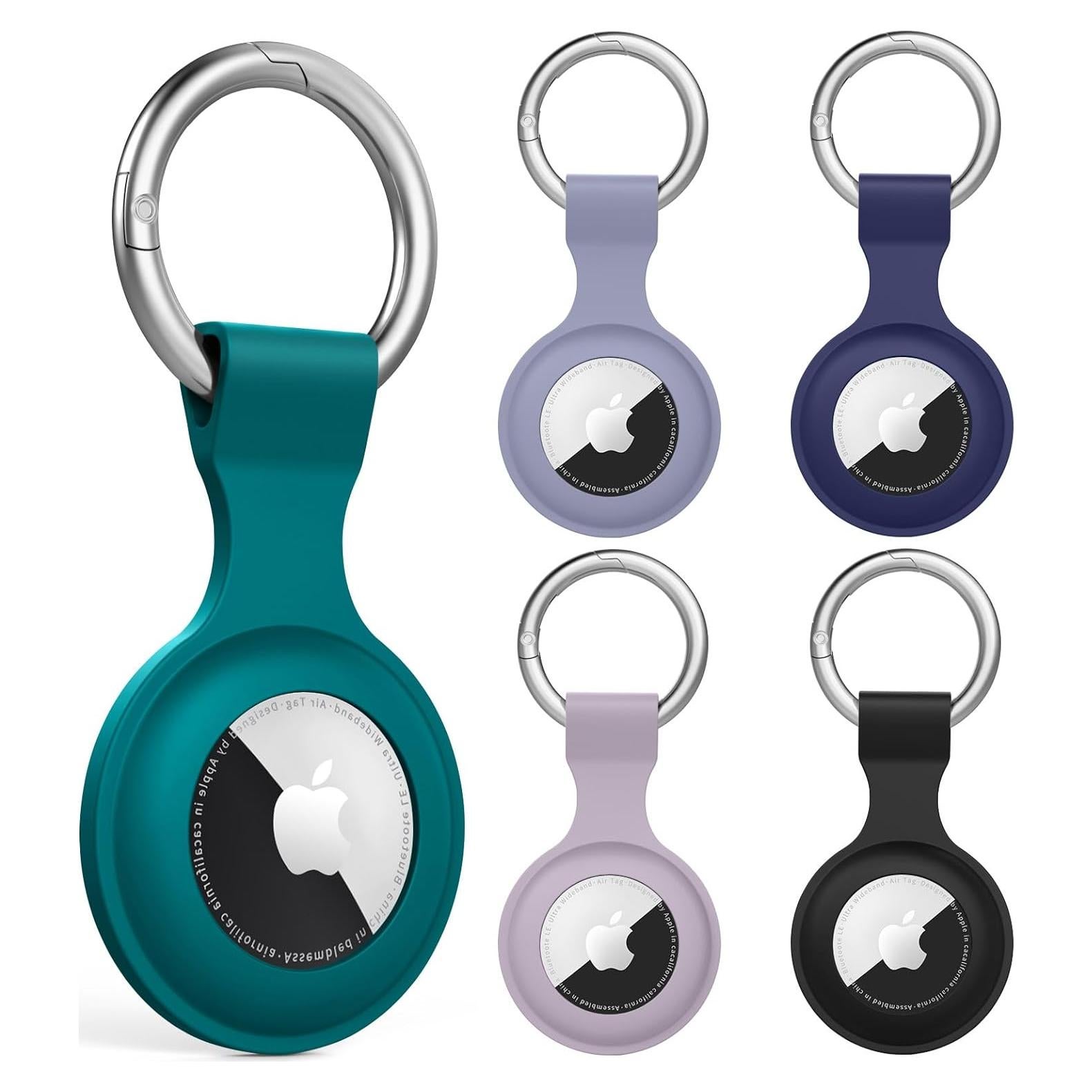 5 Pack Airtag Holder for Apple Air Tag, Airtag Case with Anti-Lost Keychain Key Ring, Silicone Protective Cover for Backpacks, Dog Collars, Luggage (Black+Light Purple+Navy Blue+Green+Grey Blue)