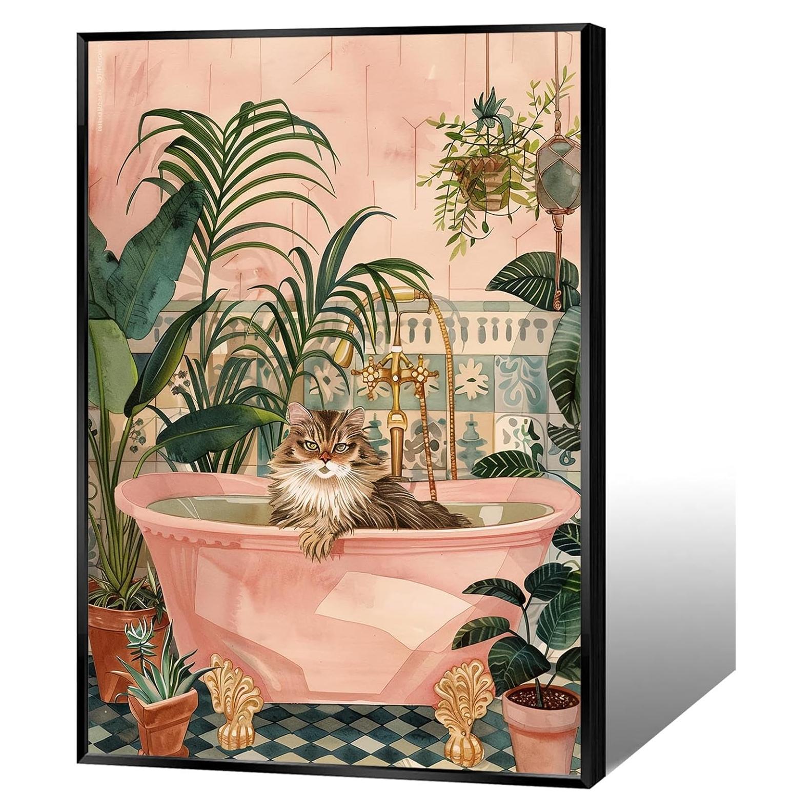 Cartel Decorativo de Gato en Baño Rosa 20x25cm Enmarcado