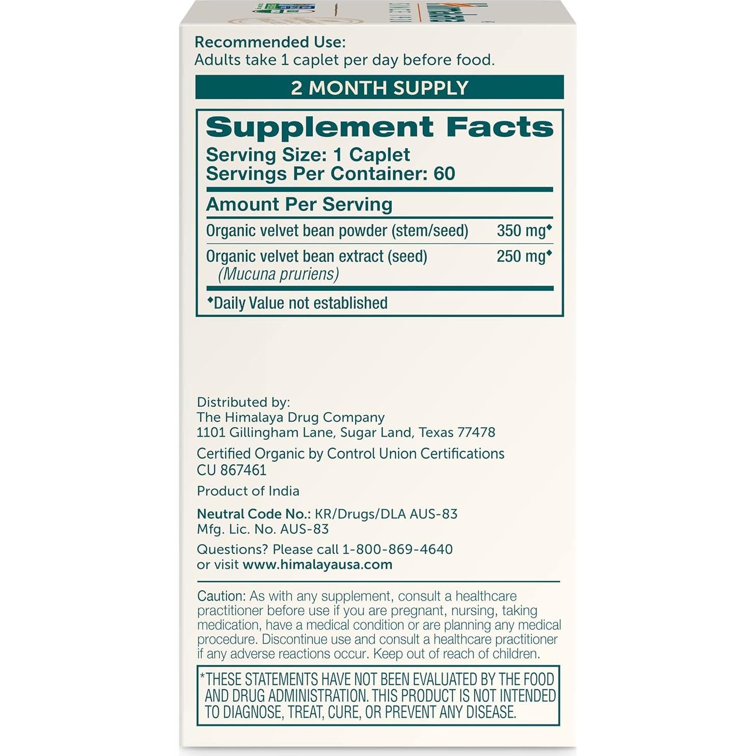 Suplemento Herbal Mucuna Pruriens Himalaya 600 mg 60 Tabletas