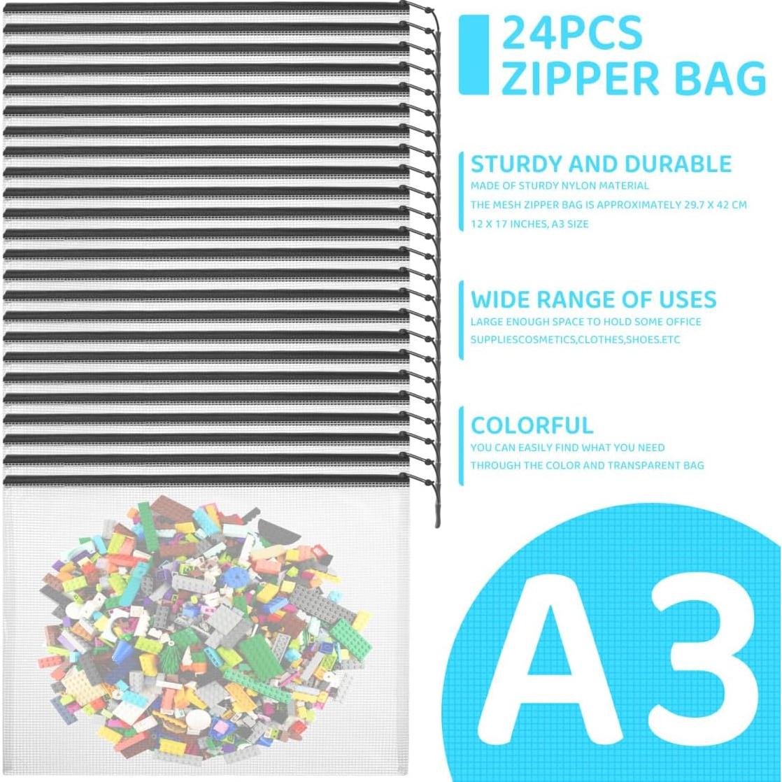 24 Bolsas de Cremallera de Malla A3 YOPCDJ 43x30 cm Negro
