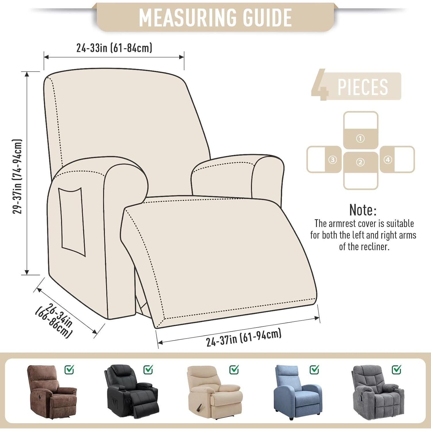 Funda Reclinable 4 Piezas TAOCOCO Beige Ajuste Elástico