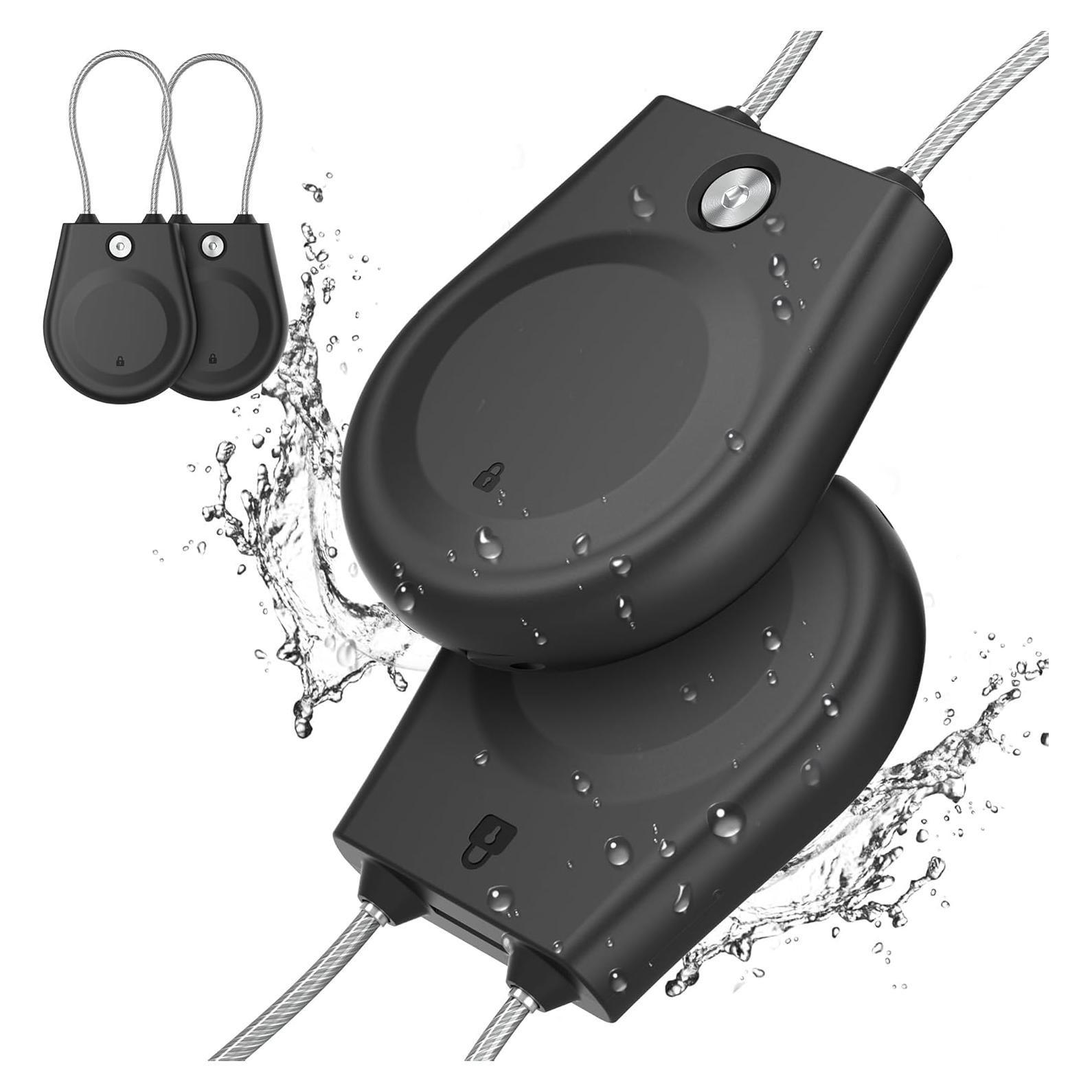 for Apple AirTag Holder, Airtag Lock Case with Wire Cable, IPX8 Waterproof, for Luggage, Key Ring Key Chain Luggage tag Backpack（2 Pack-Black