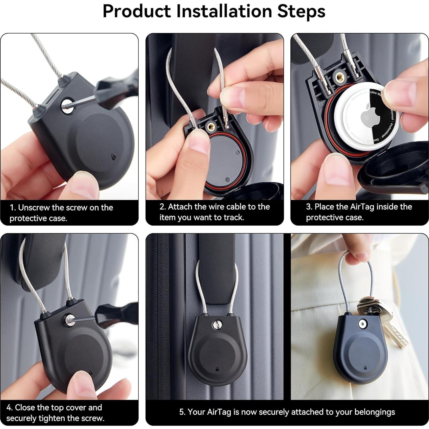 for Apple AirTag Holder, Airtag Lock Case with Wire Cable, IPX8 Waterproof, for Luggage, Key Ring Key Chain Luggage tag Backpack（2 Pack-Black