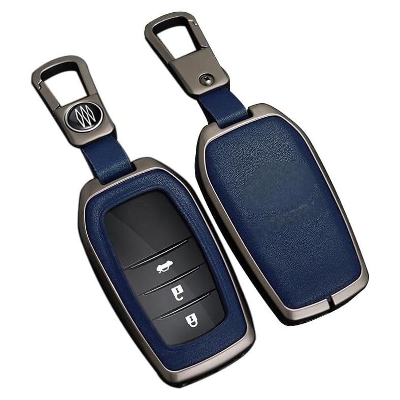 RYE Key Fob Cover for Toyota, Leather+Zinc Alloy Key Fob Case for 2025 Camry, 2021-2025 Venza, Grand Highlander Hilux, Fortuner, 2022-2025 Tundra Tacoma Remote Key (Blue, Come with Key Hook)
