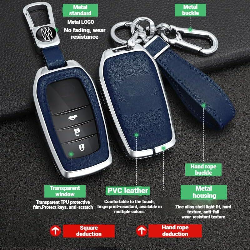 RYE Key Fob Cover for Toyota, Leather+Zinc Alloy Key Fob Case for 2025 Camry, 2021-2025 Venza, Grand Highlander Hilux, Fortuner, 2022-2025 Tundra Tacoma Remote Key (Blue, Come with Key Hook)