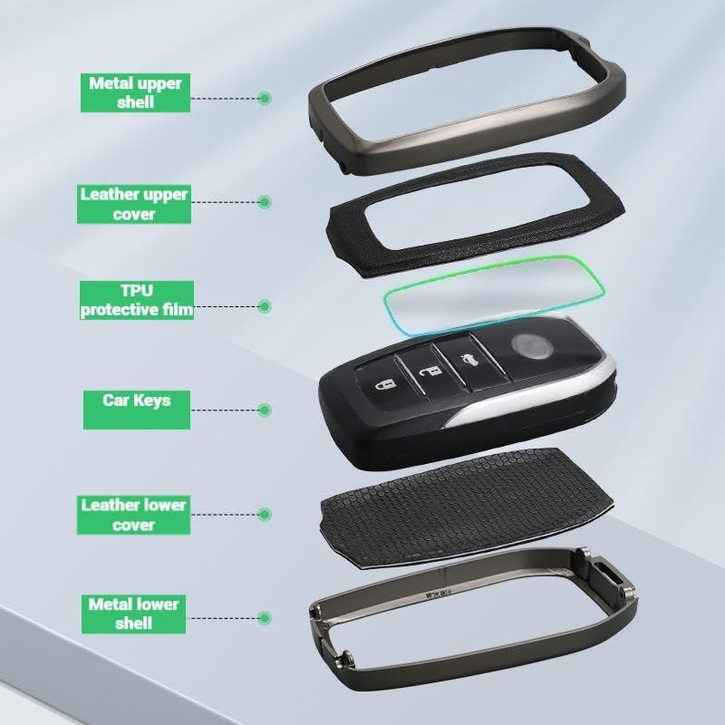 RYE Key Fob Cover for Toyota, Leather+Zinc Alloy Key Fob Case for 2025 Camry, 2021-2025 Venza, Grand Highlander Hilux, Fortuner, 2022-2025 Tundra Tacoma Remote Key (Blue, Come with Key Hook)