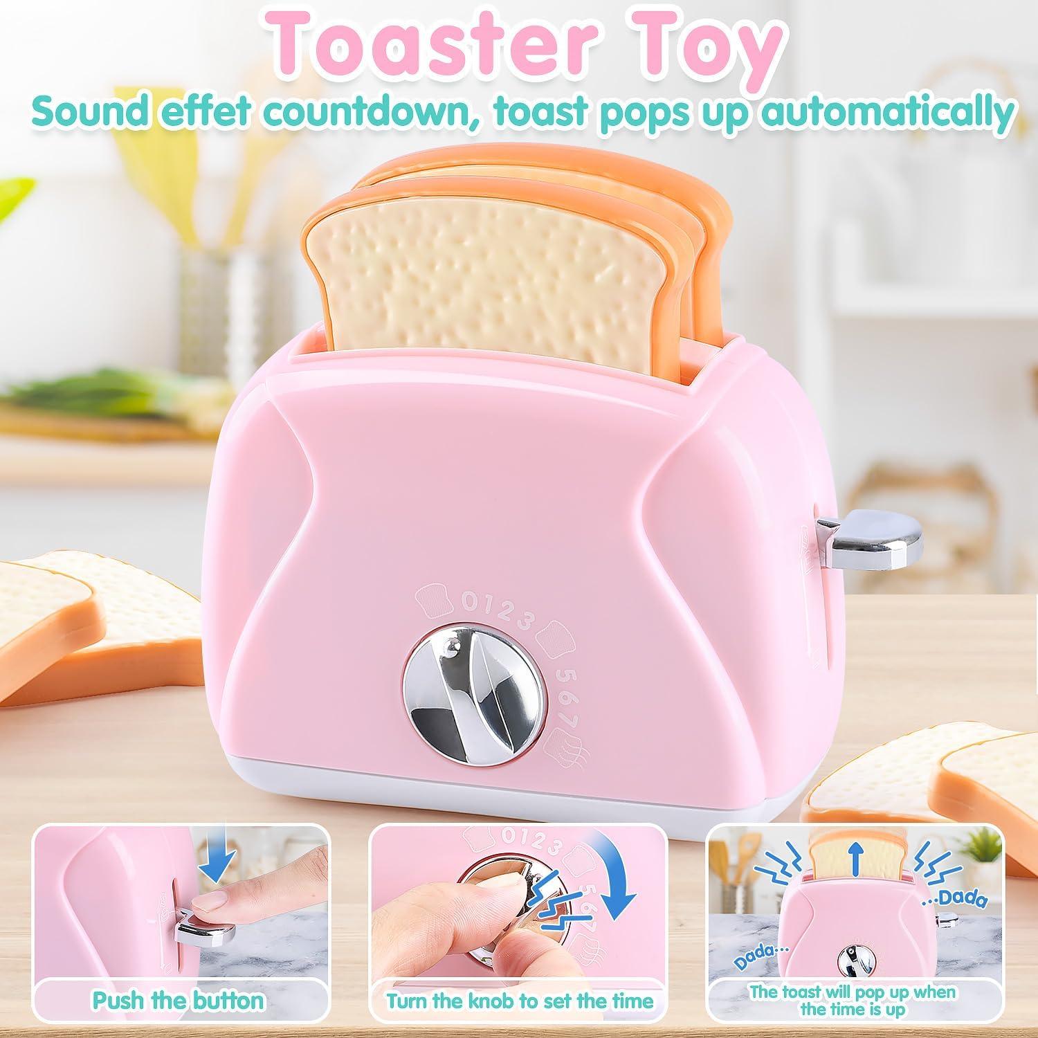 Play Kitchen Appliances Toys - Kids Kitchen Playset Accessories, Pretend Play Toy Sets with Coffee Maker, Mixer, Toaster with Realistic Lights & Sounds, Gifts for Toddler Girls Ages 2 3 4 5 6 7